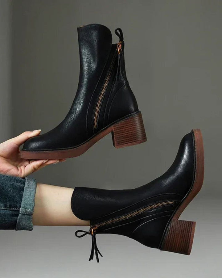 Valorine™ | Botte en cuir noire avec un talon confortable, élégante et intemporelle