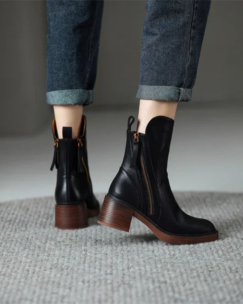 Valorine™ | Botte en cuir noire avec un talon confortable, élégante et intemporelle