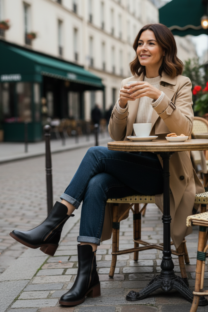 Valorine™ | Botte en cuir noire avec un talon confortable, élégante et intemporelle