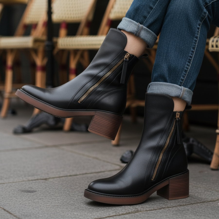Valorine™ | Botte en cuir noire avec un talon confortable, élégante et intemporelle