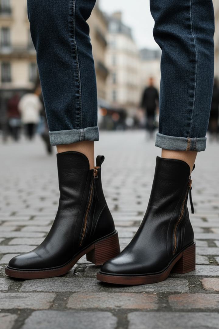 Valorine™ | Botte en cuir noire avec un talon confortable, élégante et intemporelle