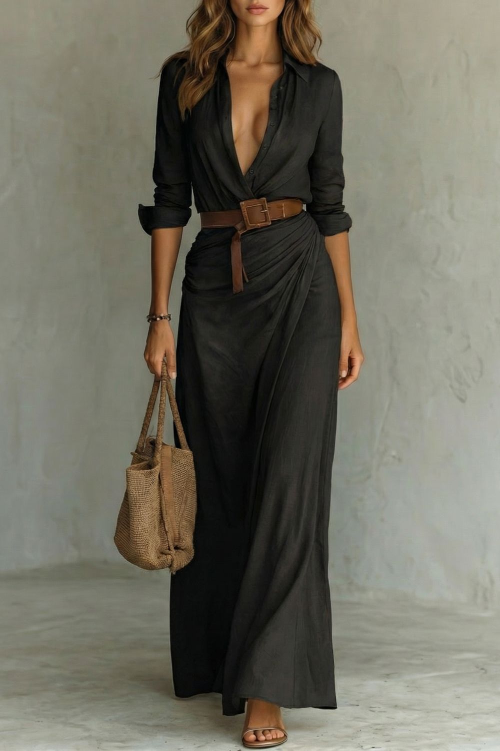 Azura – Robe portefeuille boutonnée – Robe longue à ceinture
