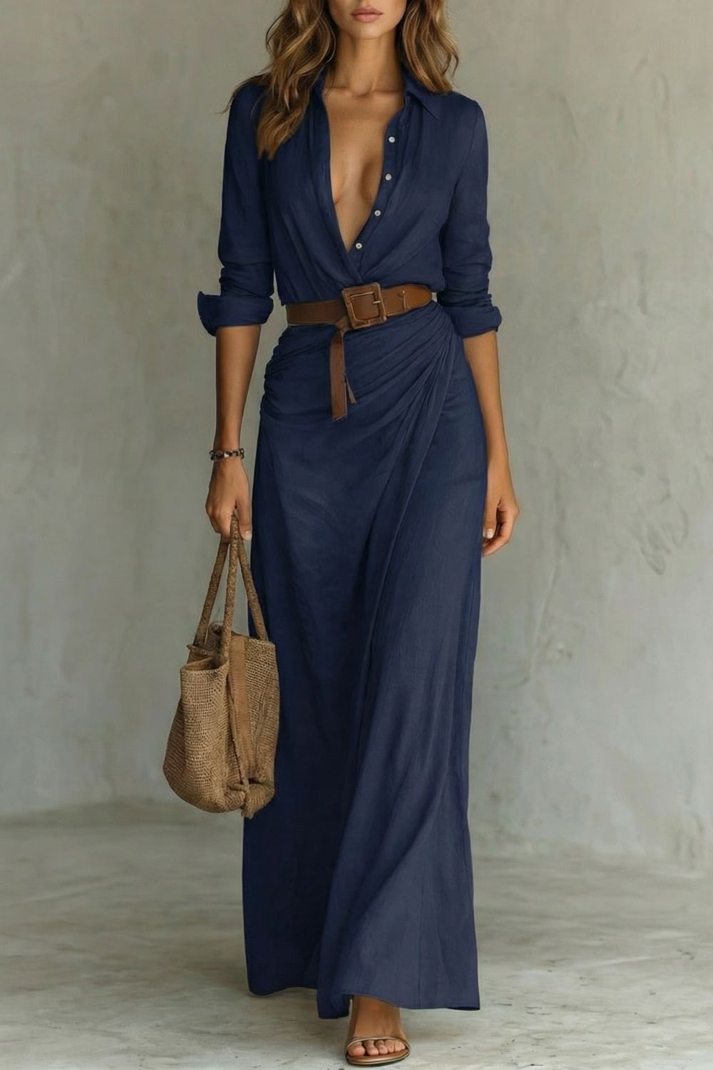 Azura – Robe portefeuille boutonnée – Robe longue à ceinture